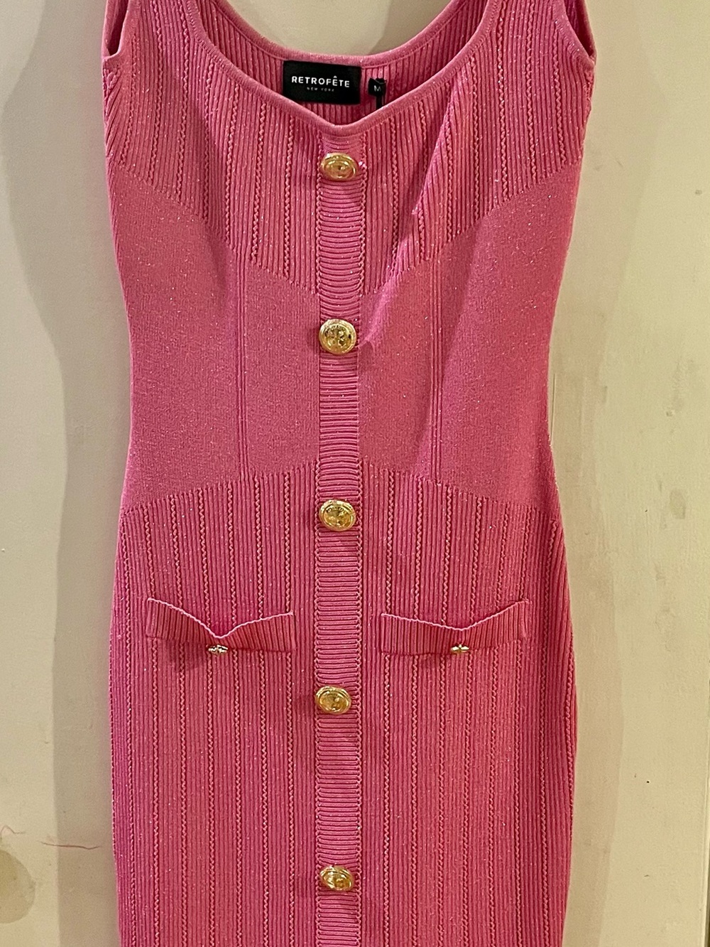 Sleeveless Pink Ribbed Metallic Button-Front Midi Dress